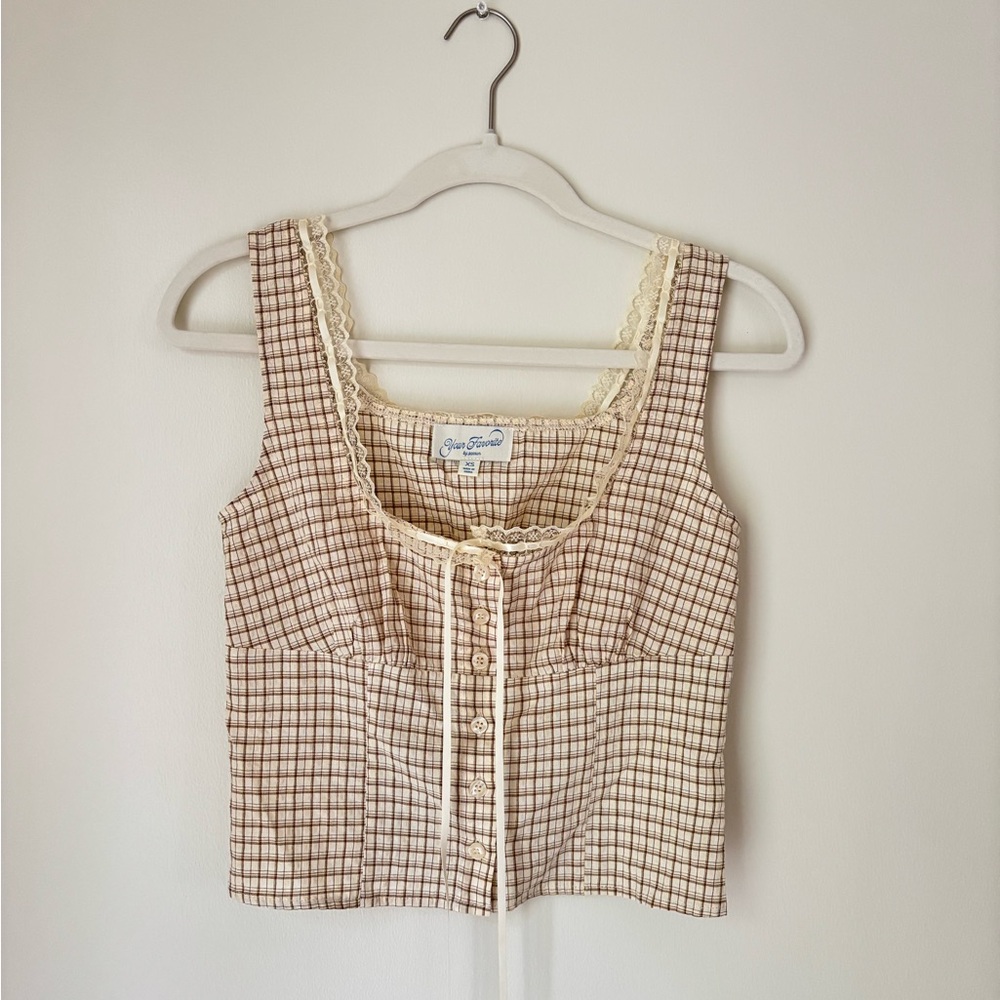 PacSun Cream and Brown Plaid Button-Up Blouse